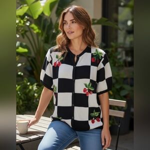 Vintage Marisa Christina Black & White Checkered & Cherry Accents Sweater Winter